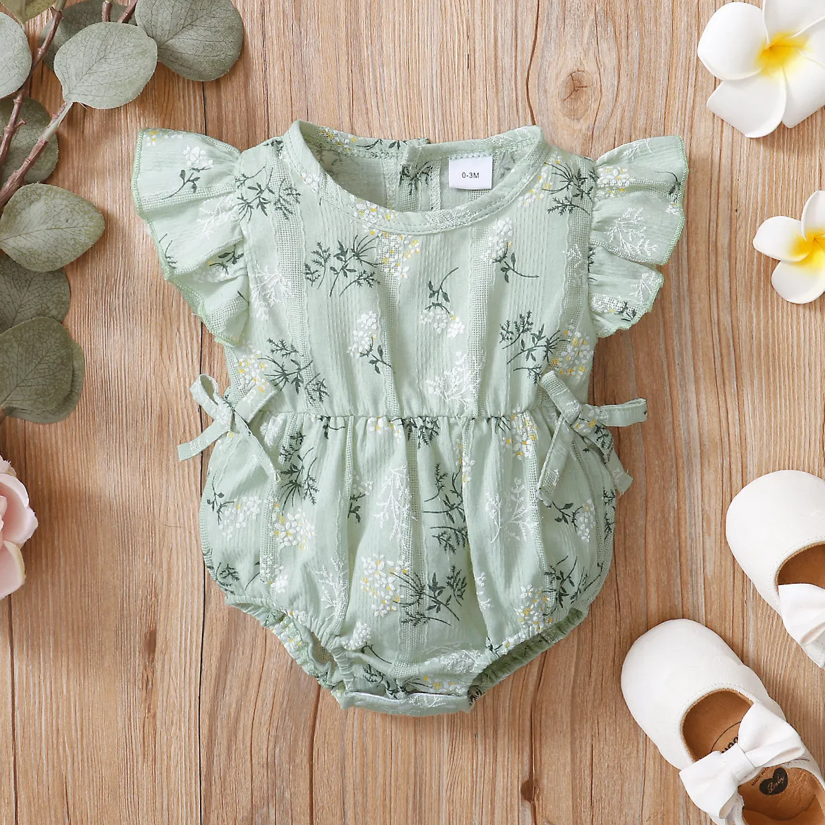 0-12M Baby Girl Rompers Flying Sleeve Drawstring Print Triangle Wholesale Baby Clothes KCL519307
