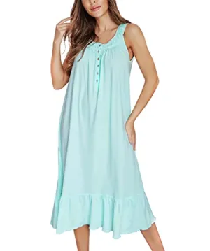 100% Cotton Nightgowns for Women Soft Ladies Gowns Sleepwear Long Sleeveless Nightgown Green L
