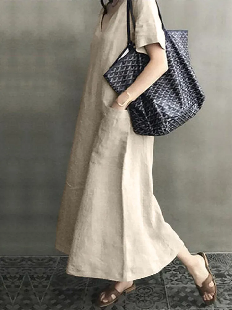 100% Cotton Short Sleeve V-neck Side Pocket Solid Dress