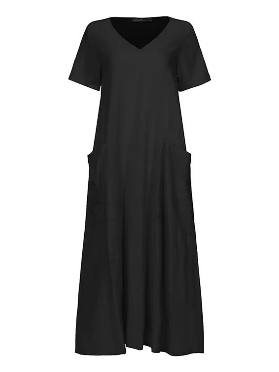 100% Cotton Short Sleeve V-neck Side Pocket Solid Dress