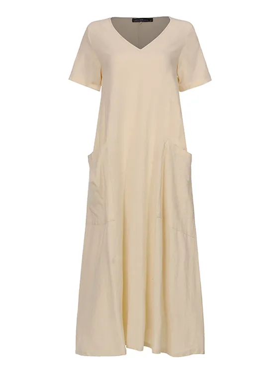 100% Cotton Short Sleeve V-neck Side Pocket Solid Dress