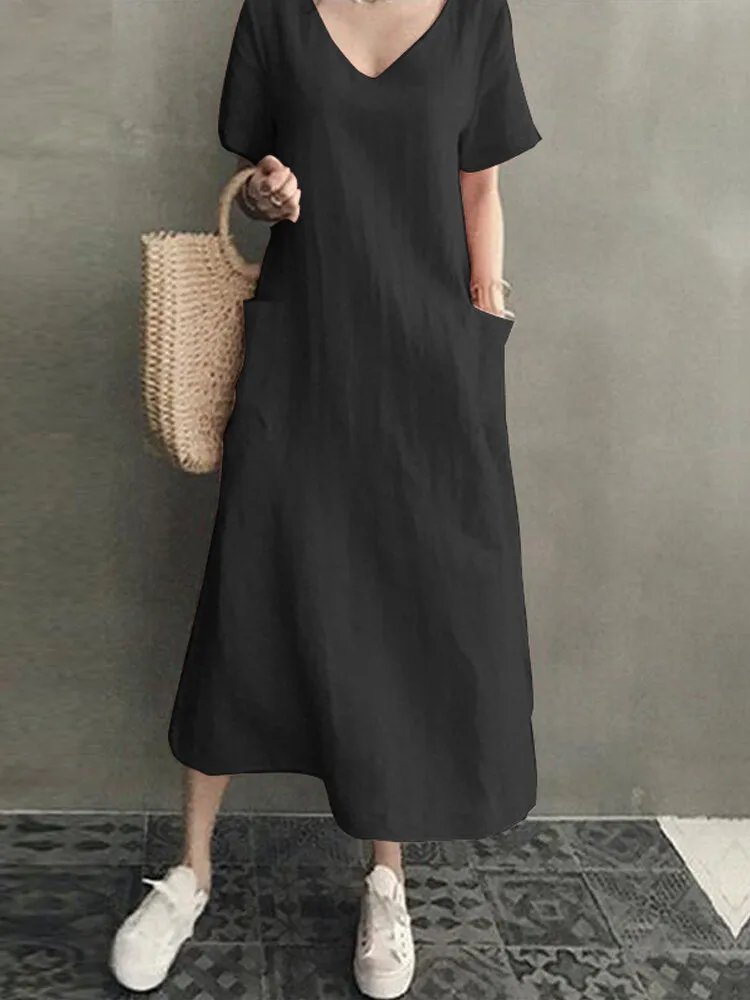 100% Cotton Short Sleeve V-neck Side Pocket Solid Dress
