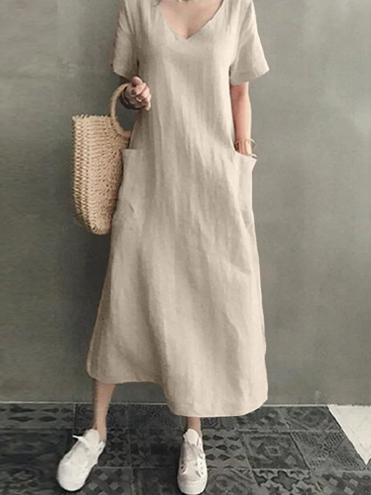 100% Cotton Short Sleeve V-neck Side Pocket Solid Dress