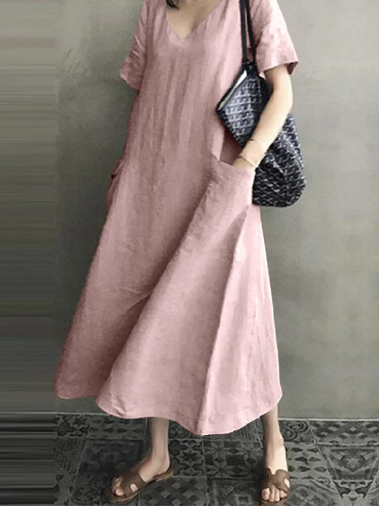 100% Cotton Short Sleeve V-neck Side Pocket Solid Dress