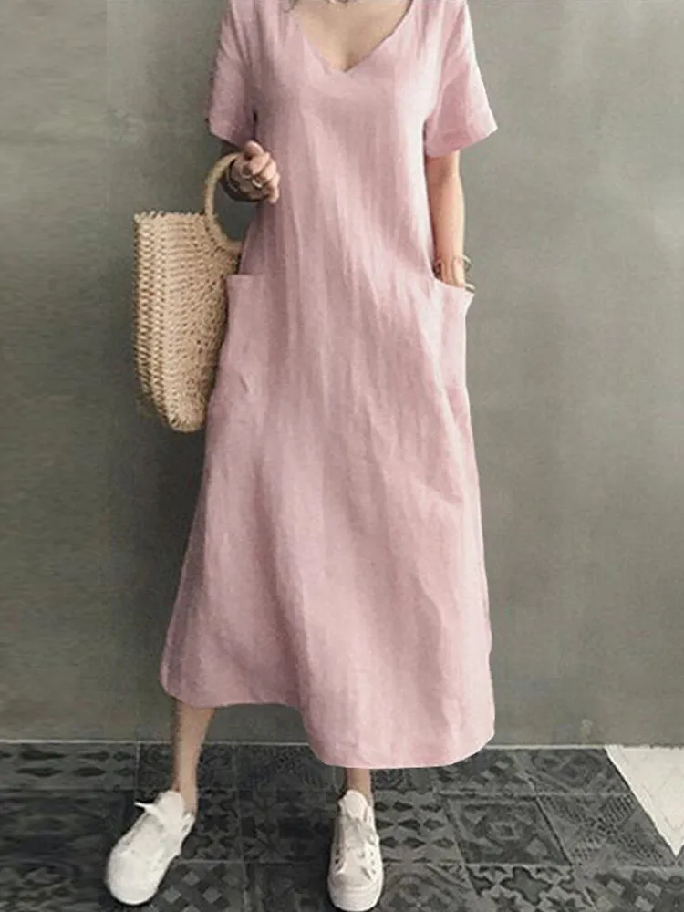 100% Cotton Short Sleeve V-neck Side Pocket Solid Dress