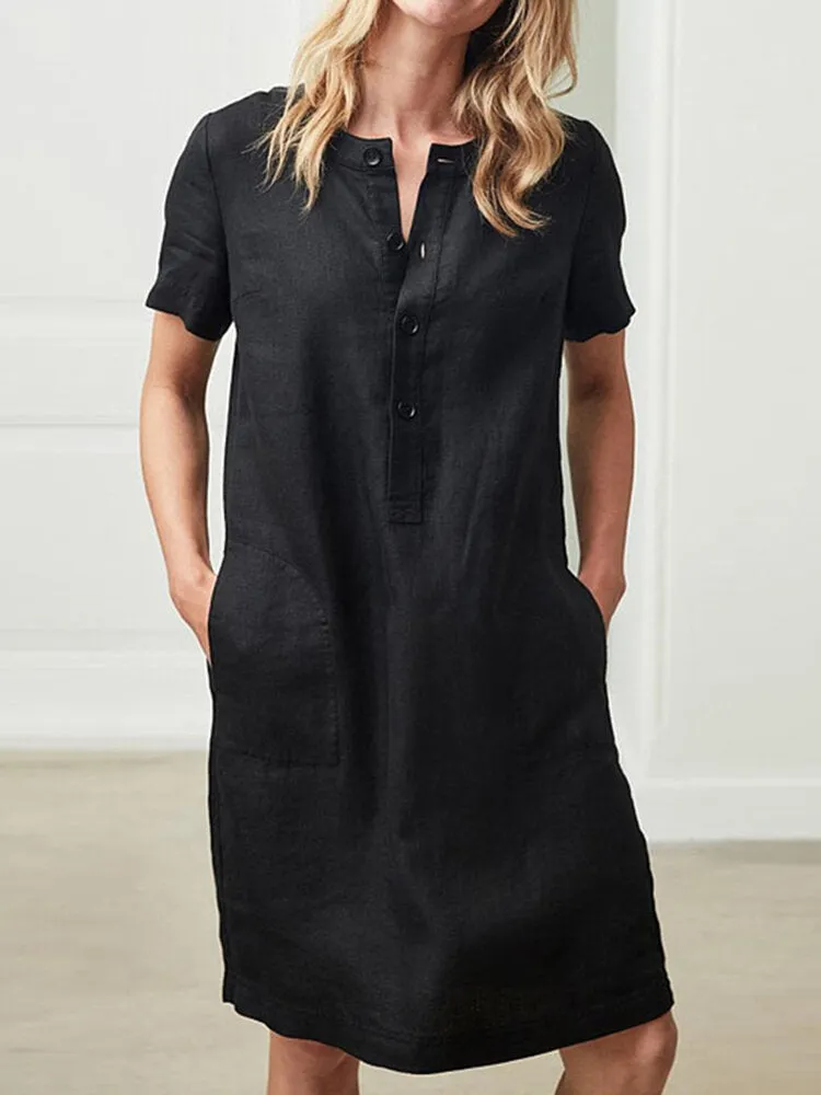100% Cotton Women Loose Linen Round Neck Short Sleeve Button Dress with Pocket