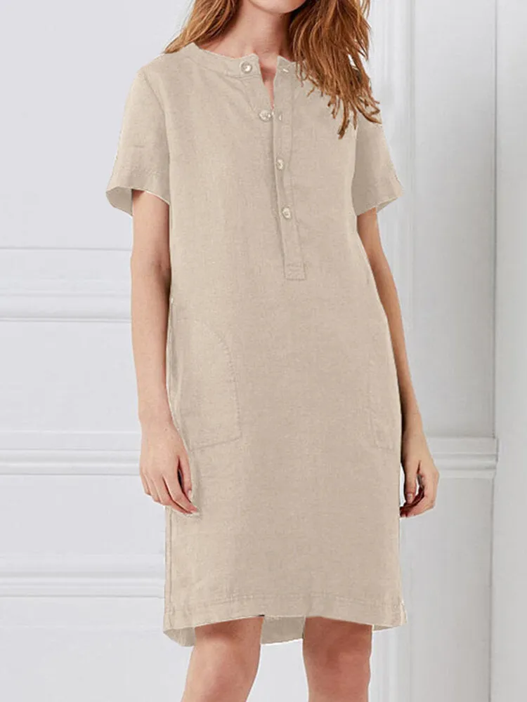 100% Cotton Women Loose Linen Round Neck Short Sleeve Button Dress with Pocket