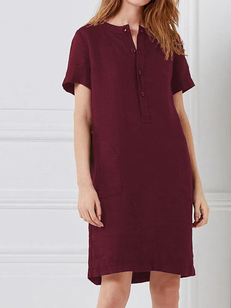 100% Cotton Women Loose Linen Round Neck Short Sleeve Button Dress with Pocket