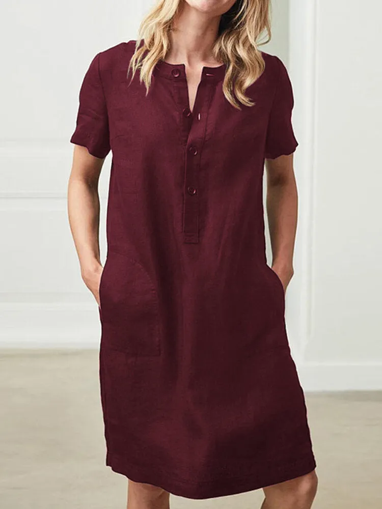 100% Cotton Women Loose Linen Round Neck Short Sleeve Button Dress with Pocket