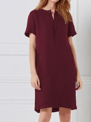 100% Cotton Women Loose Linen Round Neck Short Sleeve Button Dress with Pocket