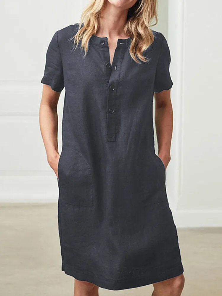 100% Cotton Women Loose Linen Round Neck Short Sleeve Button Dress with Pocket