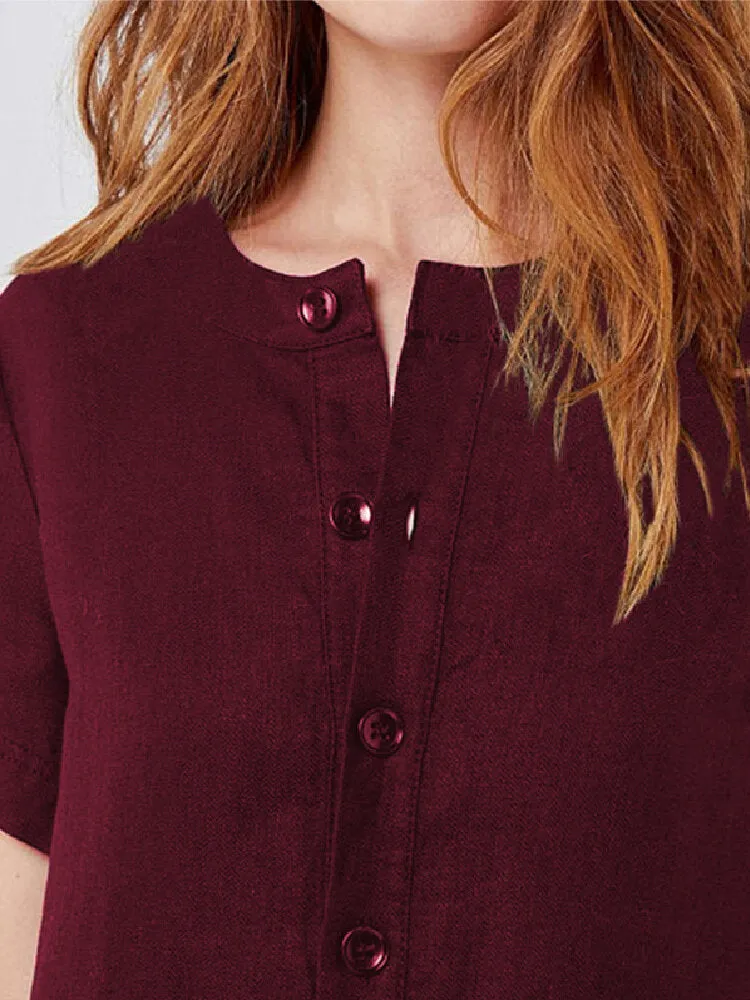 100% Cotton Women Loose Linen Round Neck Short Sleeve Button Dress with Pocket