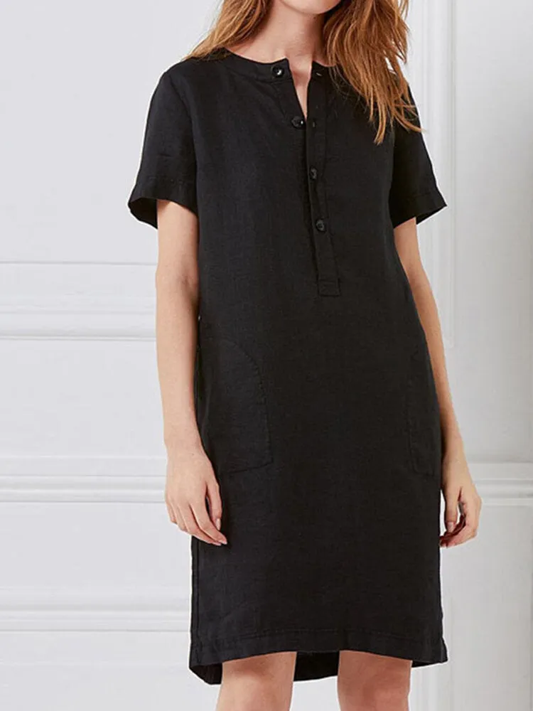 100% Cotton Women Loose Linen Round Neck Short Sleeve Button Dress with Pocket