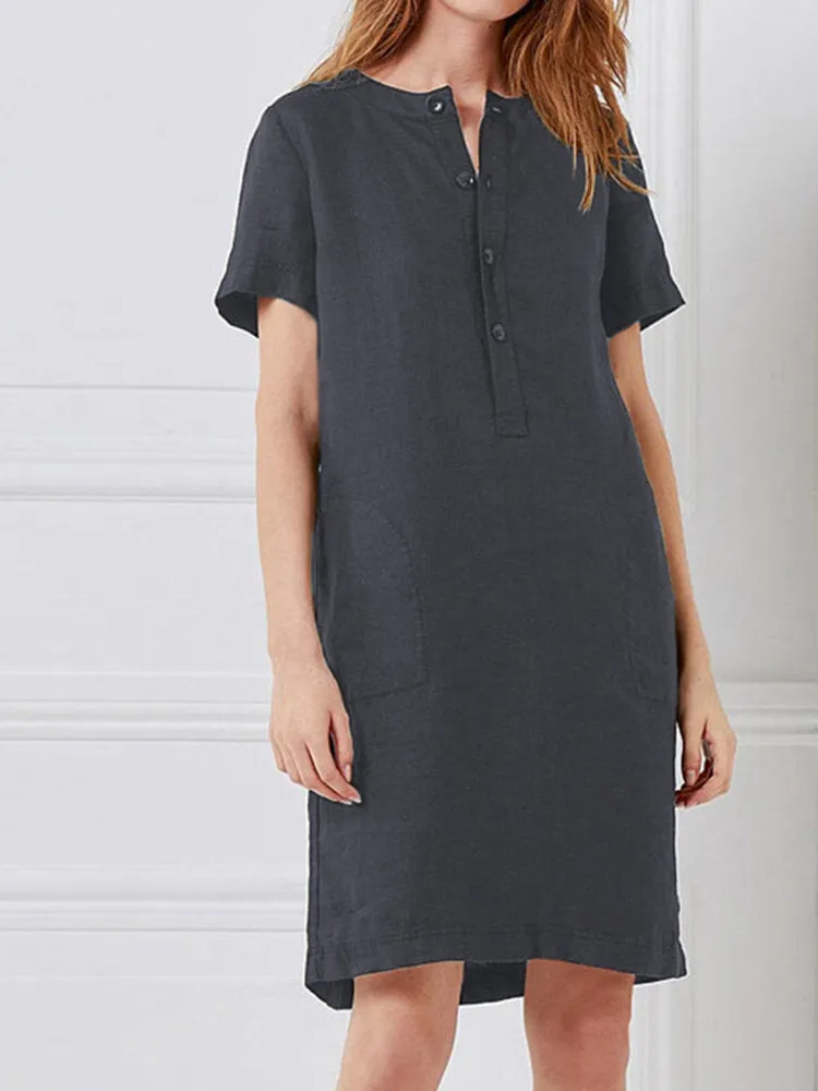 100% Cotton Women Loose Linen Round Neck Short Sleeve Button Dress with Pocket
