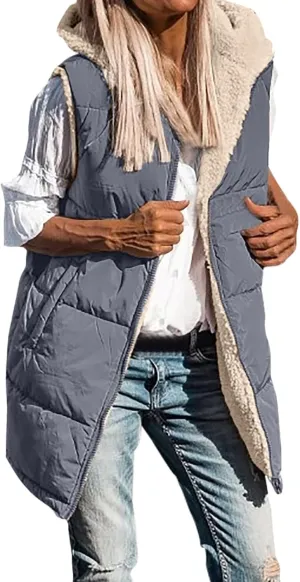 2023 Womens Fall Reversible Puffer Vests Sleeveless Fleece Jacket Zip Up Hoodie Pockets Long Warm Winter Coat Outerwear