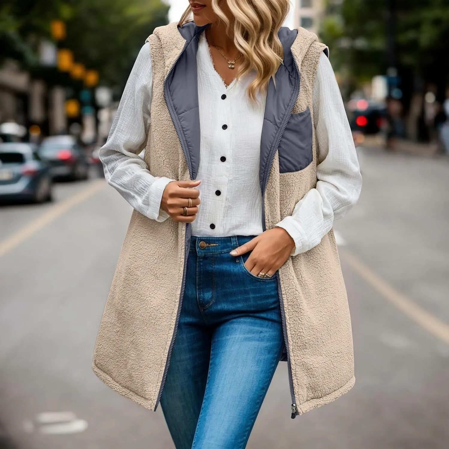 2023 Womens Fall Reversible Puffer Vests Sleeveless Fleece Jacket Zip Up Hoodie Pockets Long Warm Winter Coat Outerwear
