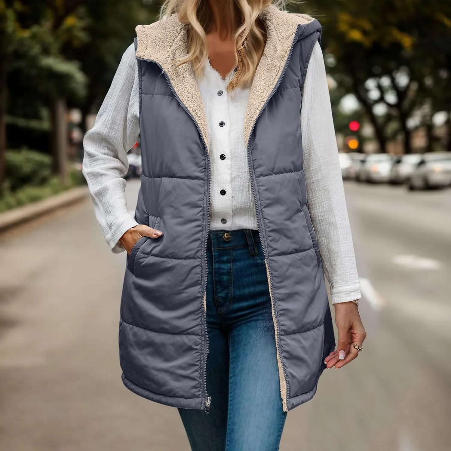 2023 Womens Fall Reversible Puffer Vests Sleeveless Fleece Jacket Zip Up Hoodie Pockets Long Warm Winter Coat Outerwear