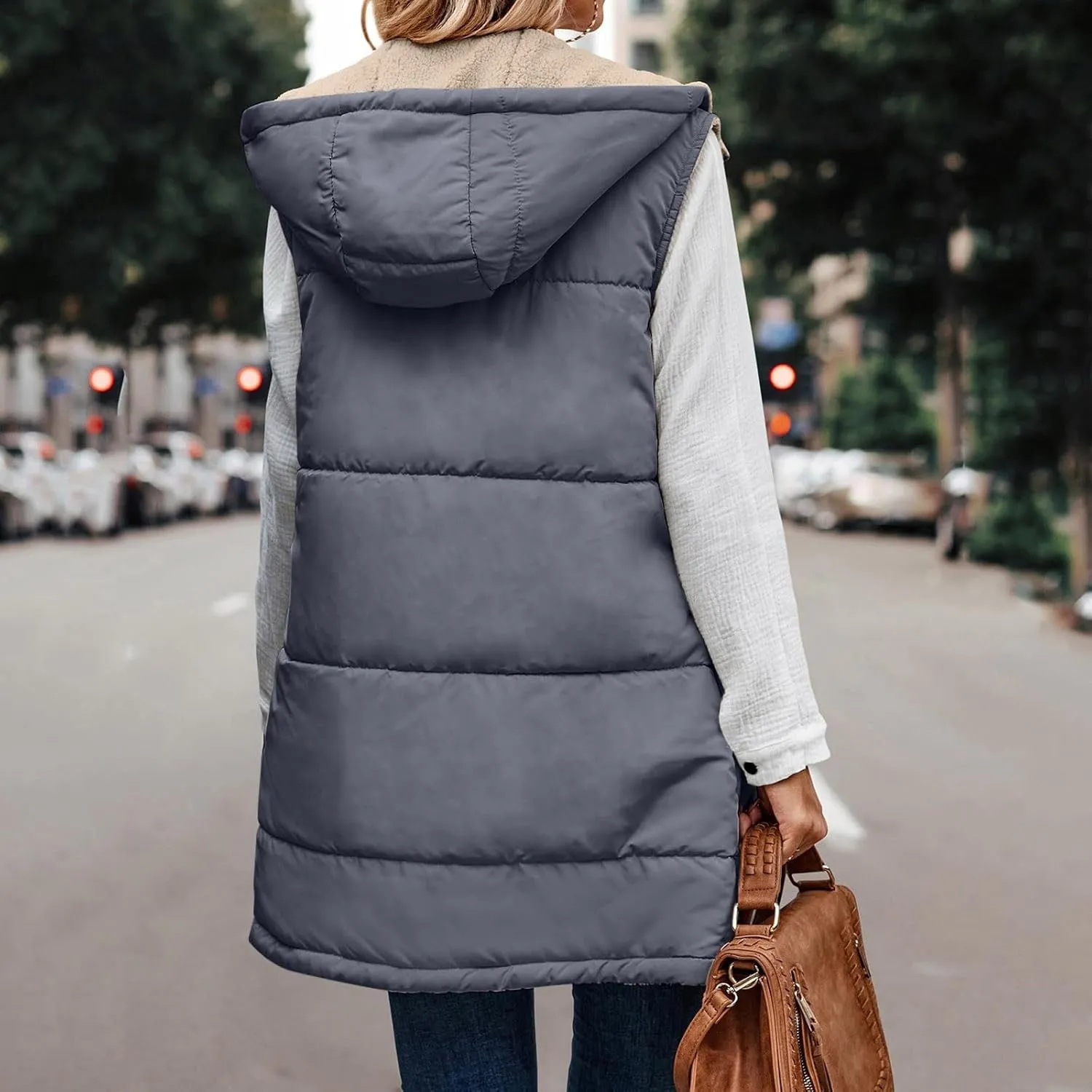 2023 Womens Fall Reversible Puffer Vests Sleeveless Fleece Jacket Zip Up Hoodie Pockets Long Warm Winter Coat Outerwear