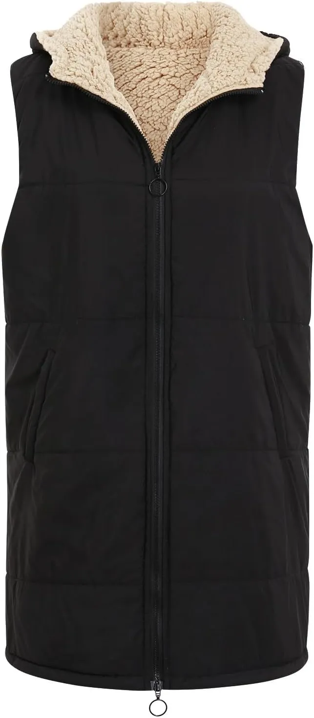 2023 Womens Fall Reversible Puffer Vests Sleeveless Fleece Jacket Zip Up Hoodie Pockets Long Warm Winter Coat Outerwear