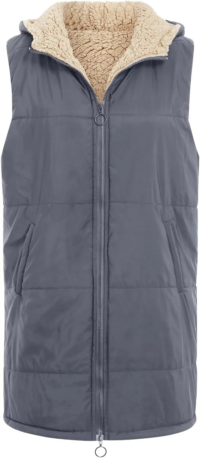 2023 Womens Fall Reversible Puffer Vests Sleeveless Fleece Jacket Zip Up Hoodie Pockets Long Warm Winter Coat Outerwear