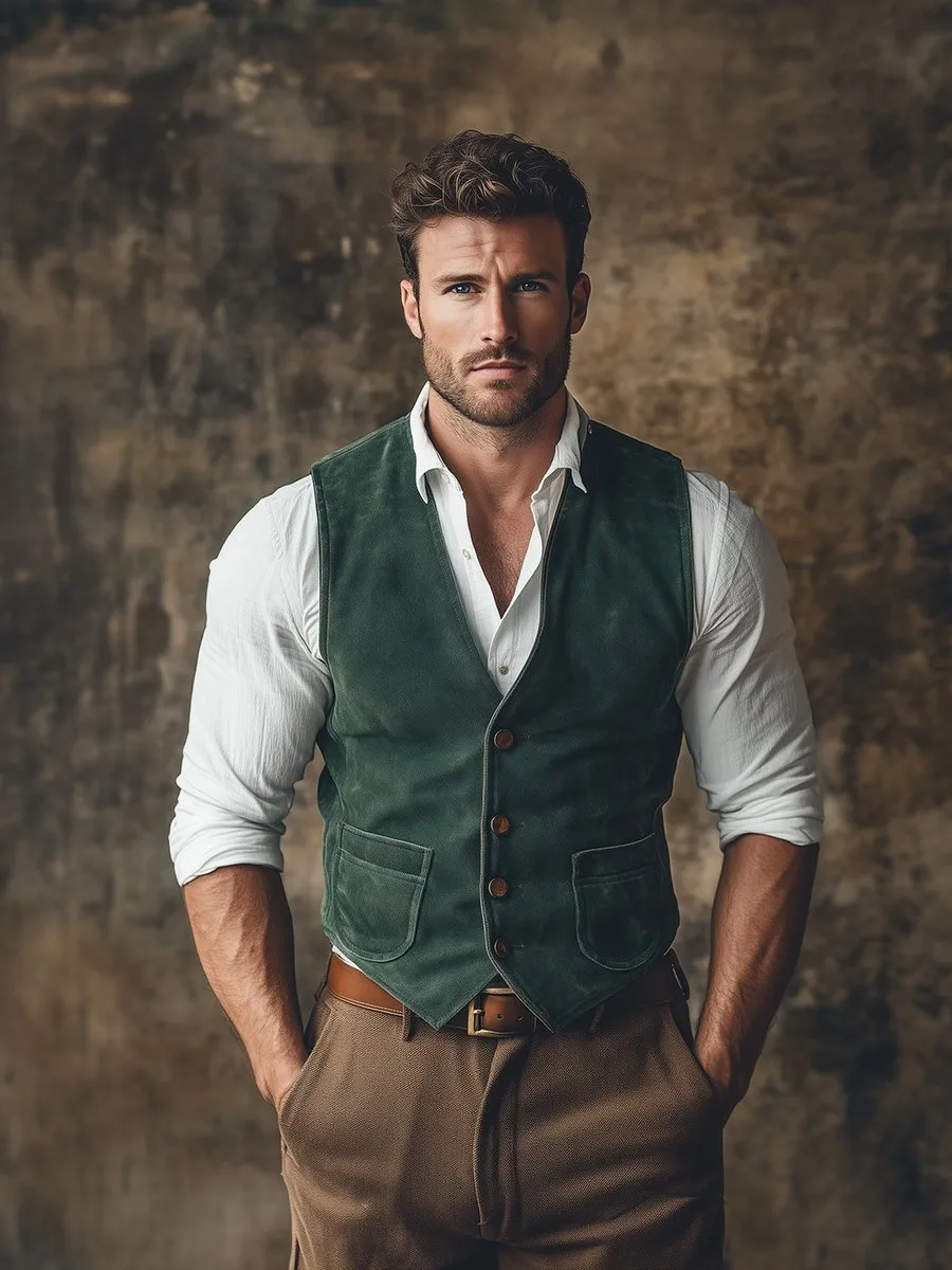 【24-hour shipping】Men's Vintage V-neck Single-breasted Suede Vest