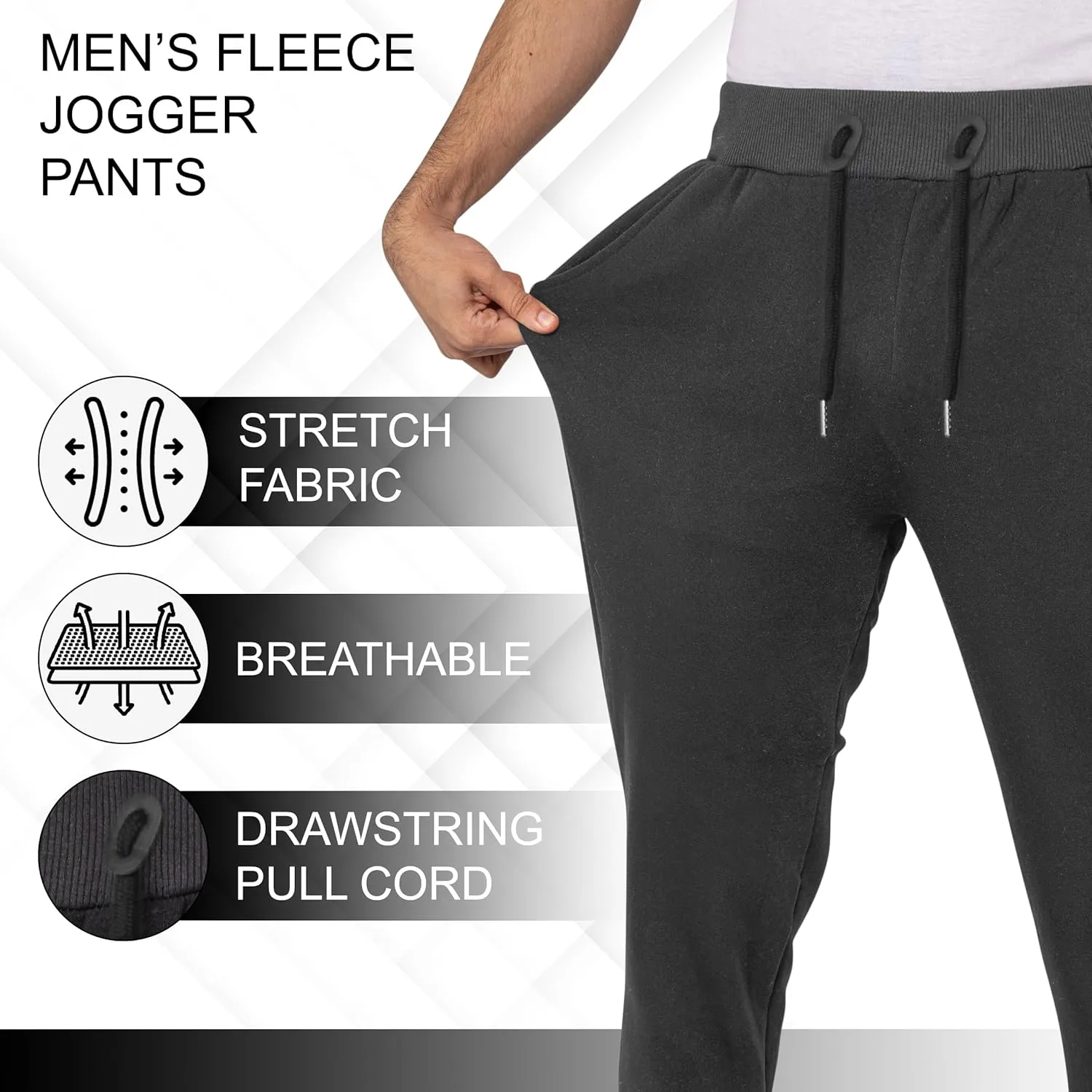 3 Pack Fleece Joggers for Men - Workout Mens Sweatpants with Zipper Pockets & Drawstring - Active Sweat Pants