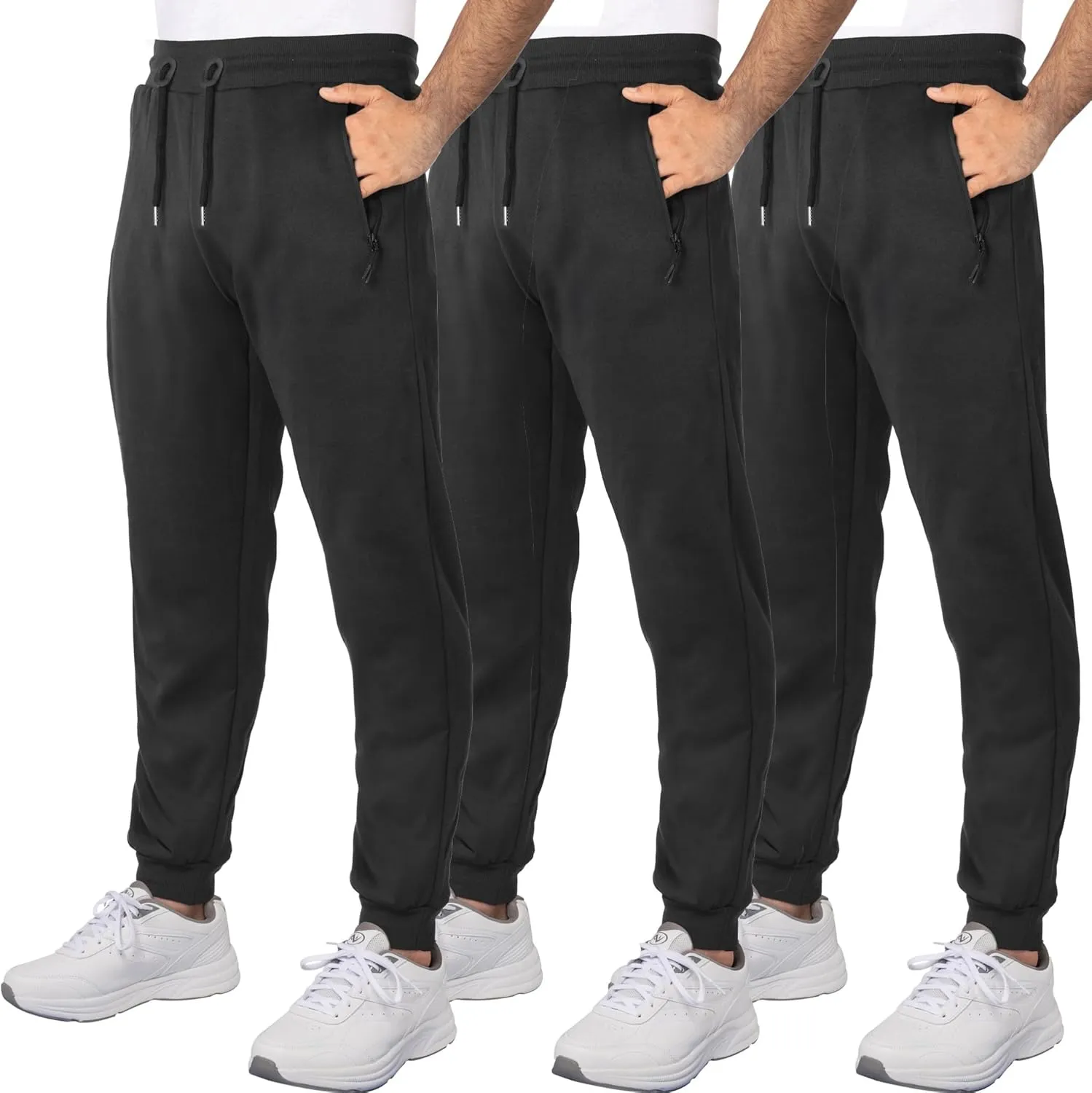 3 Pack Fleece Joggers for Men - Workout Mens Sweatpants with Zipper Pockets & Drawstring - Active Sweat Pants