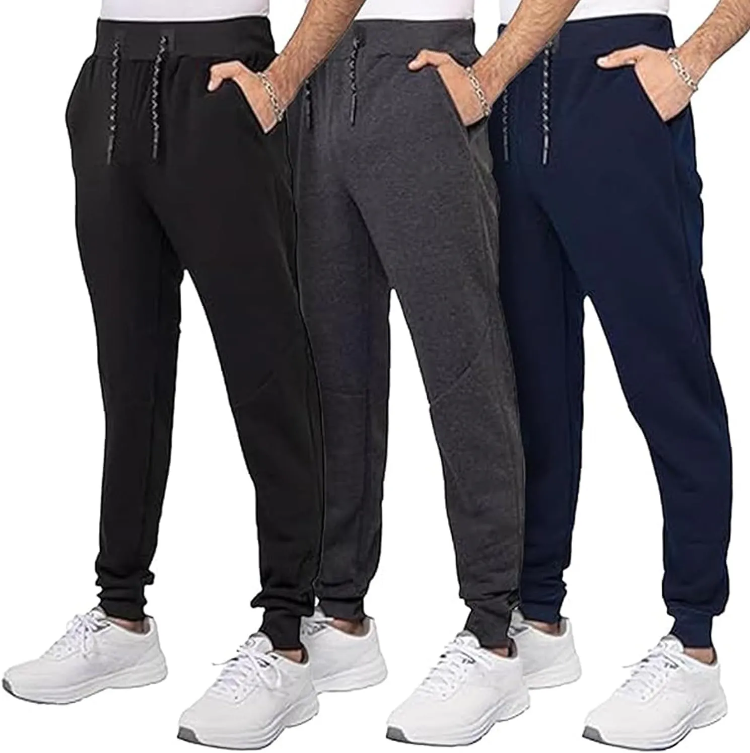 3 Pack Fleece Joggers for Men - Workout Mens Sweatpants with Zipper Pockets & Drawstring - Active Sweat Pants