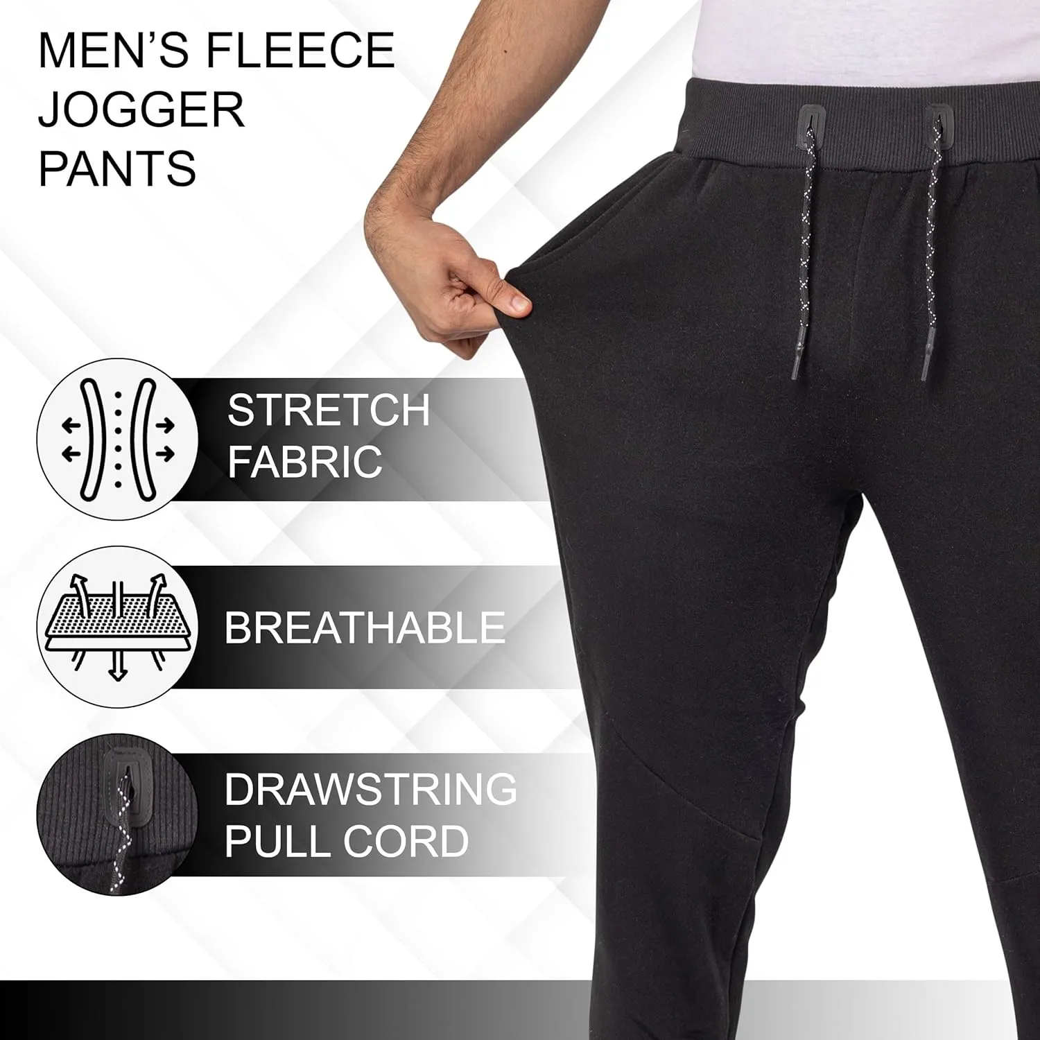 3 Pack Fleece Joggers for Men - Workout Mens Sweatpants with Zipper Pockets & Drawstring - Active Sweat Pants