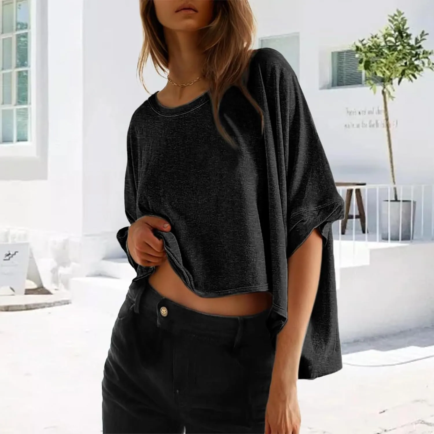 3/4 Sleeve T Shirts for Women Plus Size Crop Tops Crewneck Bat Sleeve Oversized Tops Summer Basic Solid Shirts