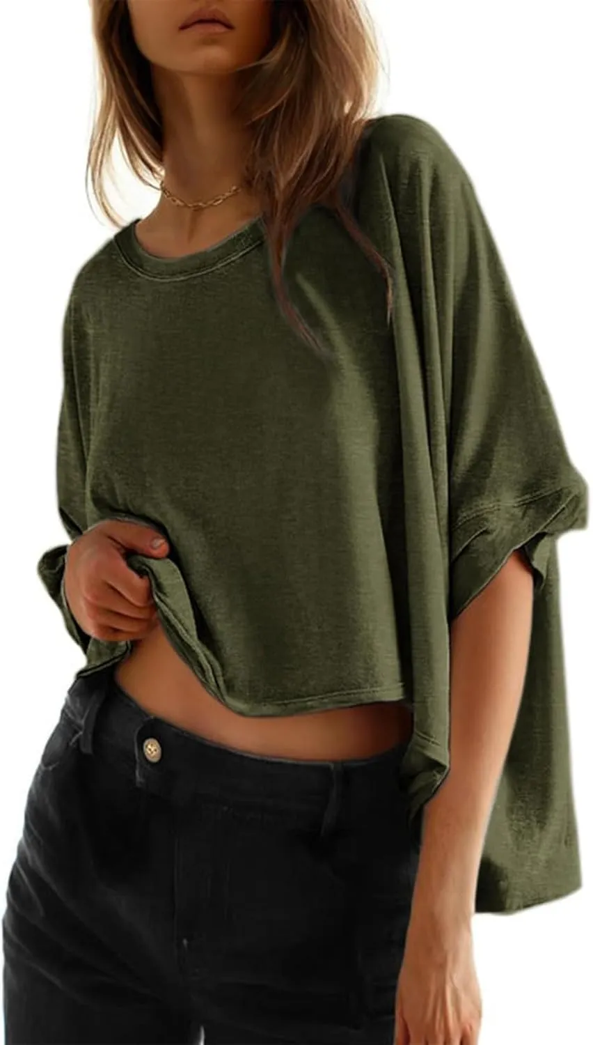 3/4 Sleeve T Shirts for Women Plus Size Crop Tops Crewneck Bat Sleeve Oversized Tops Summer Basic Solid Shirts