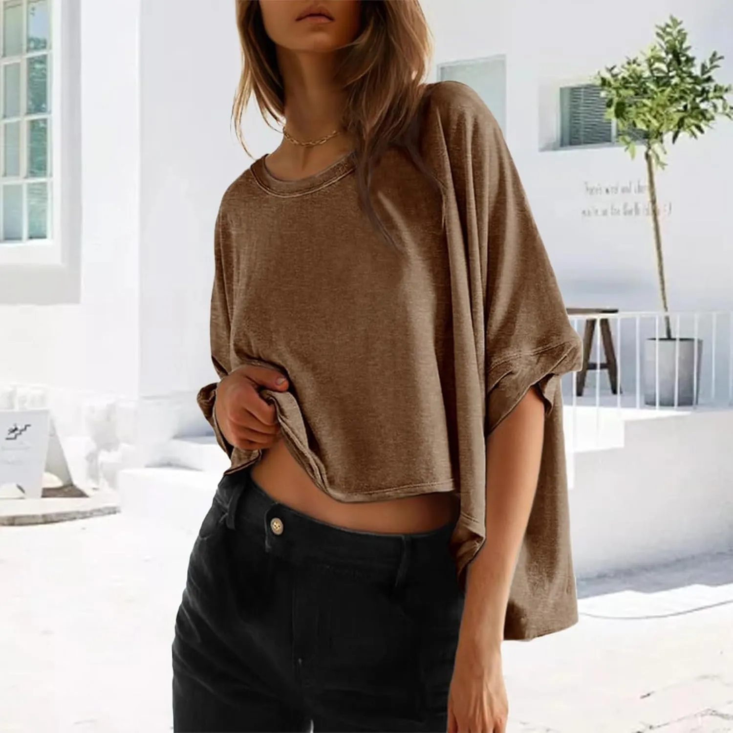 3/4 Sleeve T Shirts for Women Plus Size Crop Tops Crewneck Bat Sleeve Oversized Tops Summer Basic Solid Shirts