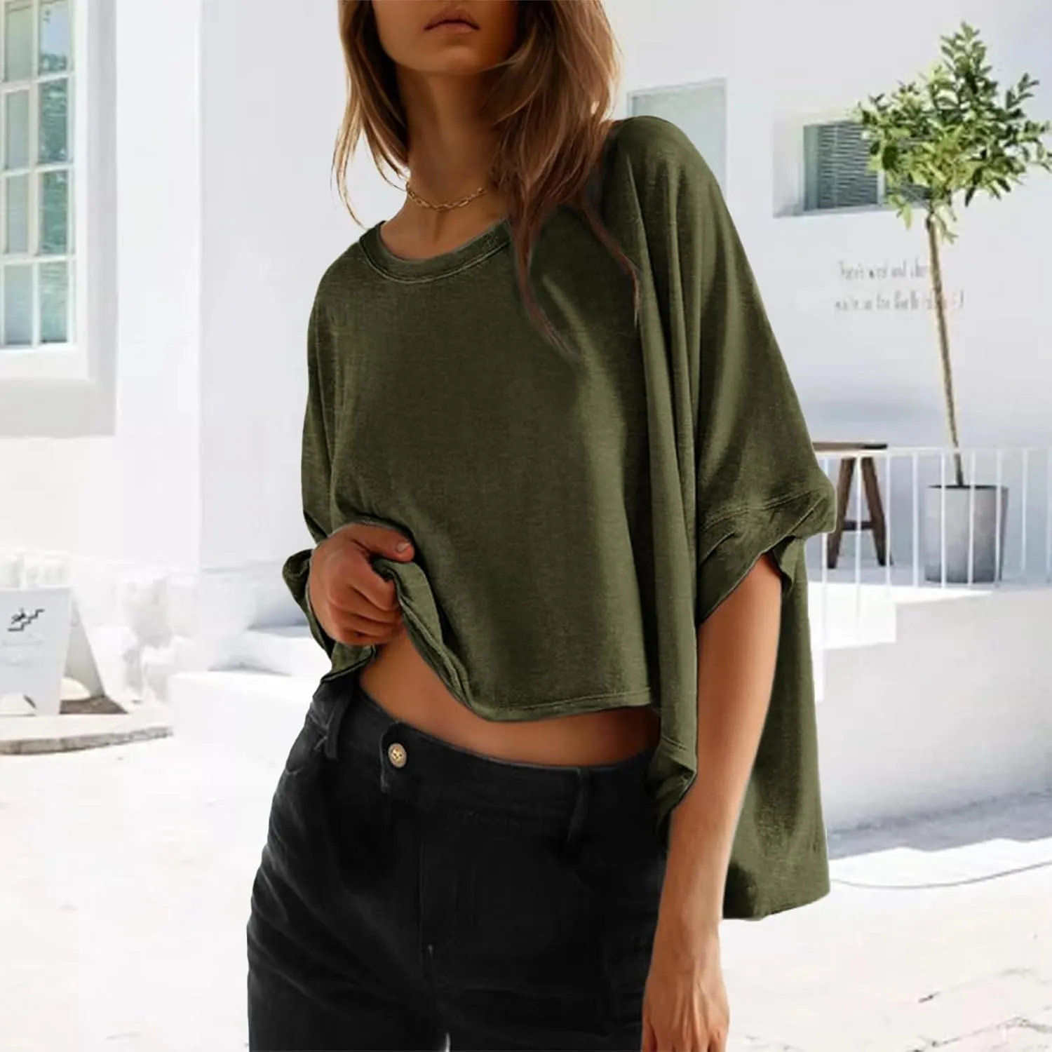 3/4 Sleeve T Shirts for Women Plus Size Crop Tops Crewneck Bat Sleeve Oversized Tops Summer Basic Solid Shirts