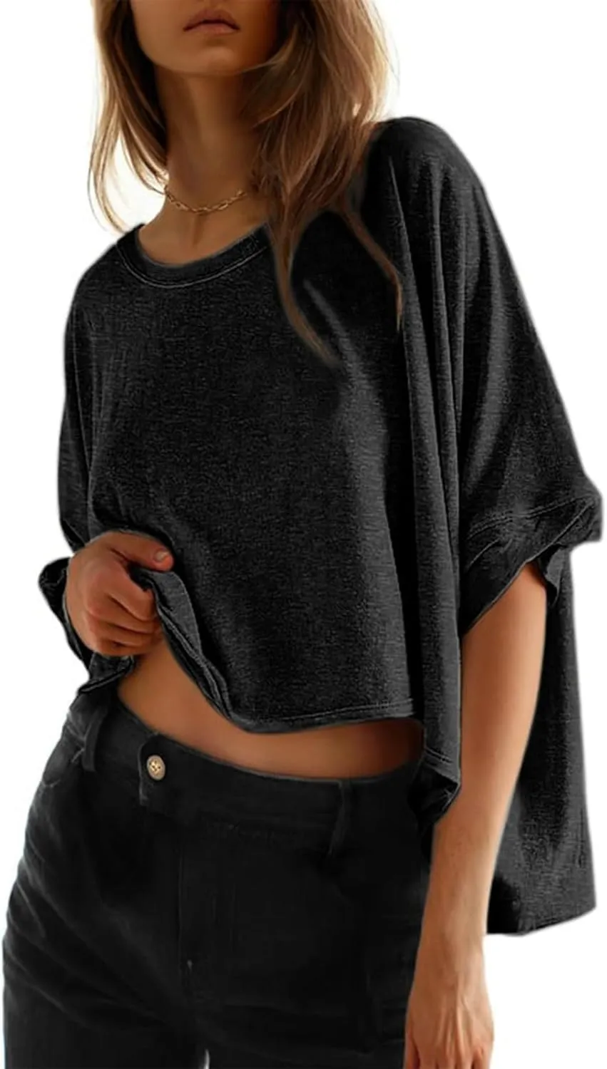 3/4 Sleeve T Shirts for Women Plus Size Crop Tops Crewneck Bat Sleeve Oversized Tops Summer Basic Solid Shirts
