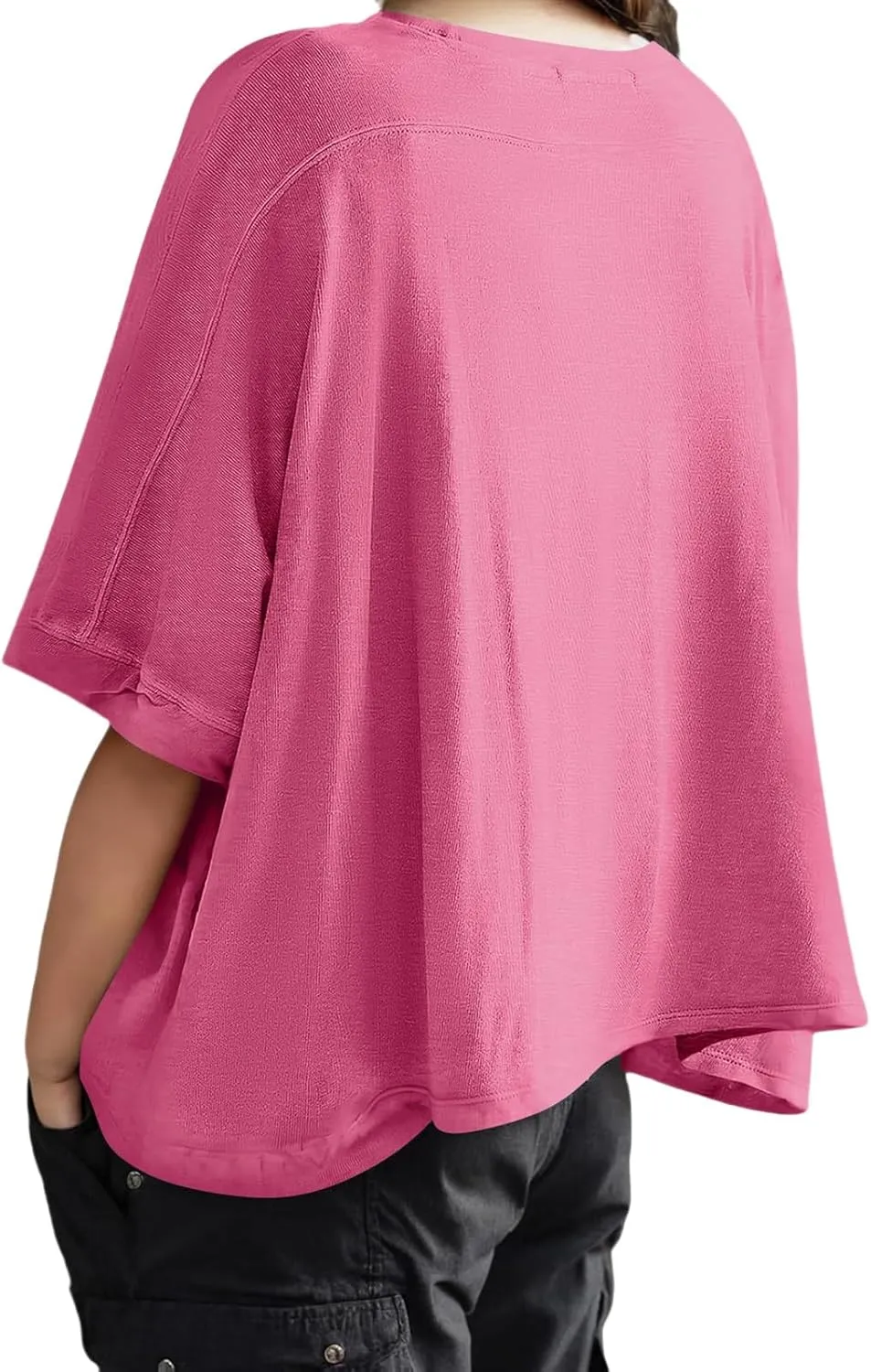 3/4 Sleeve T Shirts for Women Plus Size Crop Tops Crewneck Bat Sleeve Oversized Tops Summer Basic Solid Shirts