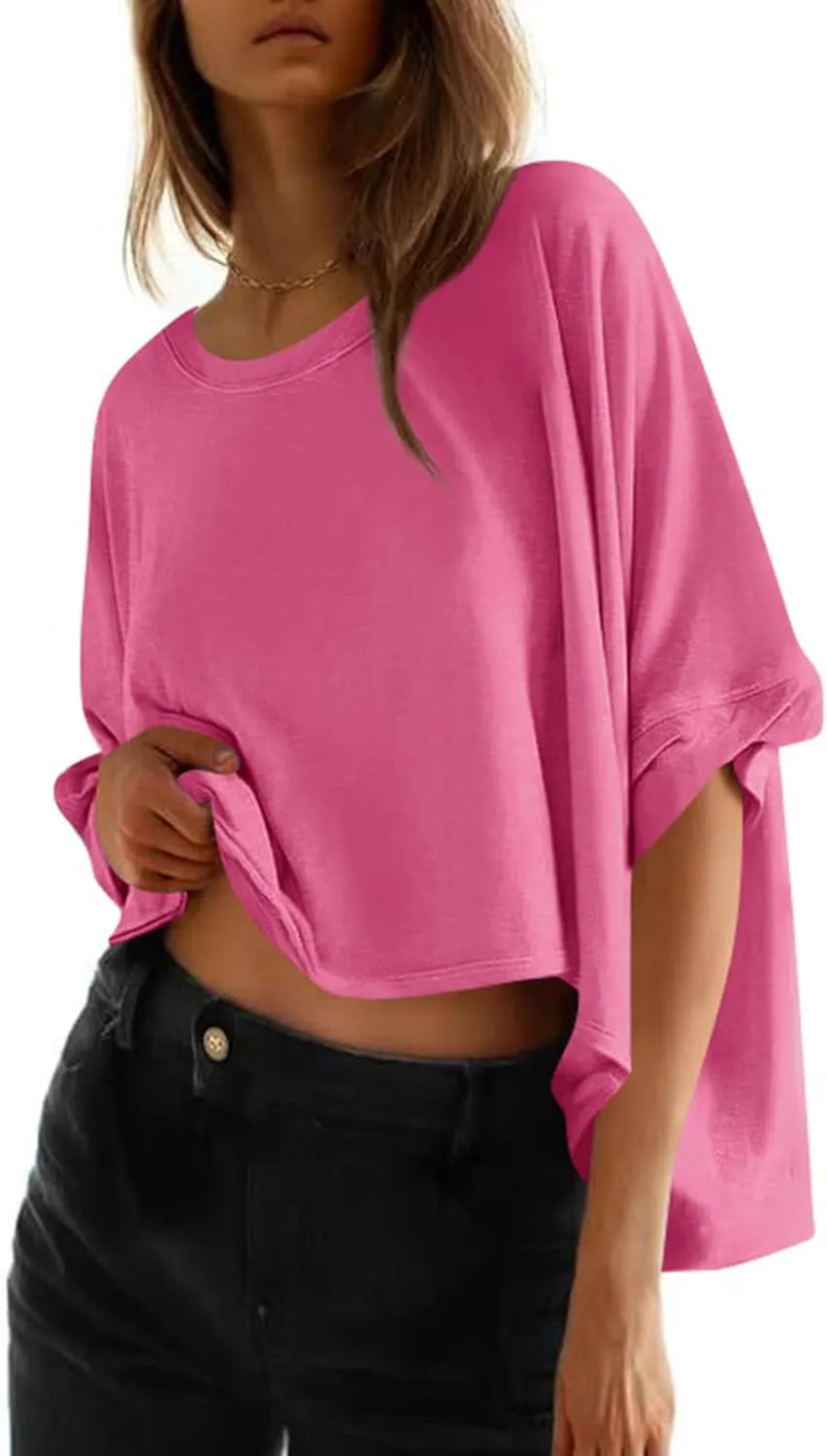 3/4 Sleeve T Shirts for Women Plus Size Crop Tops Crewneck Bat Sleeve Oversized Tops Summer Basic Solid Shirts