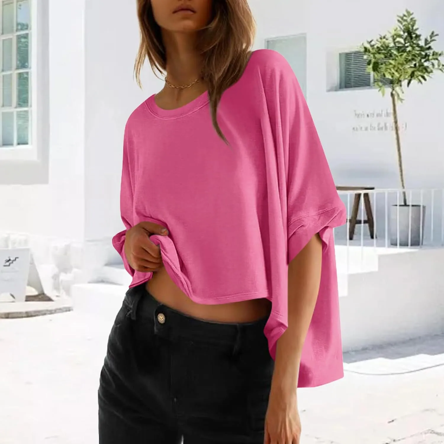 3/4 Sleeve T Shirts for Women Plus Size Crop Tops Crewneck Bat Sleeve Oversized Tops Summer Basic Solid Shirts