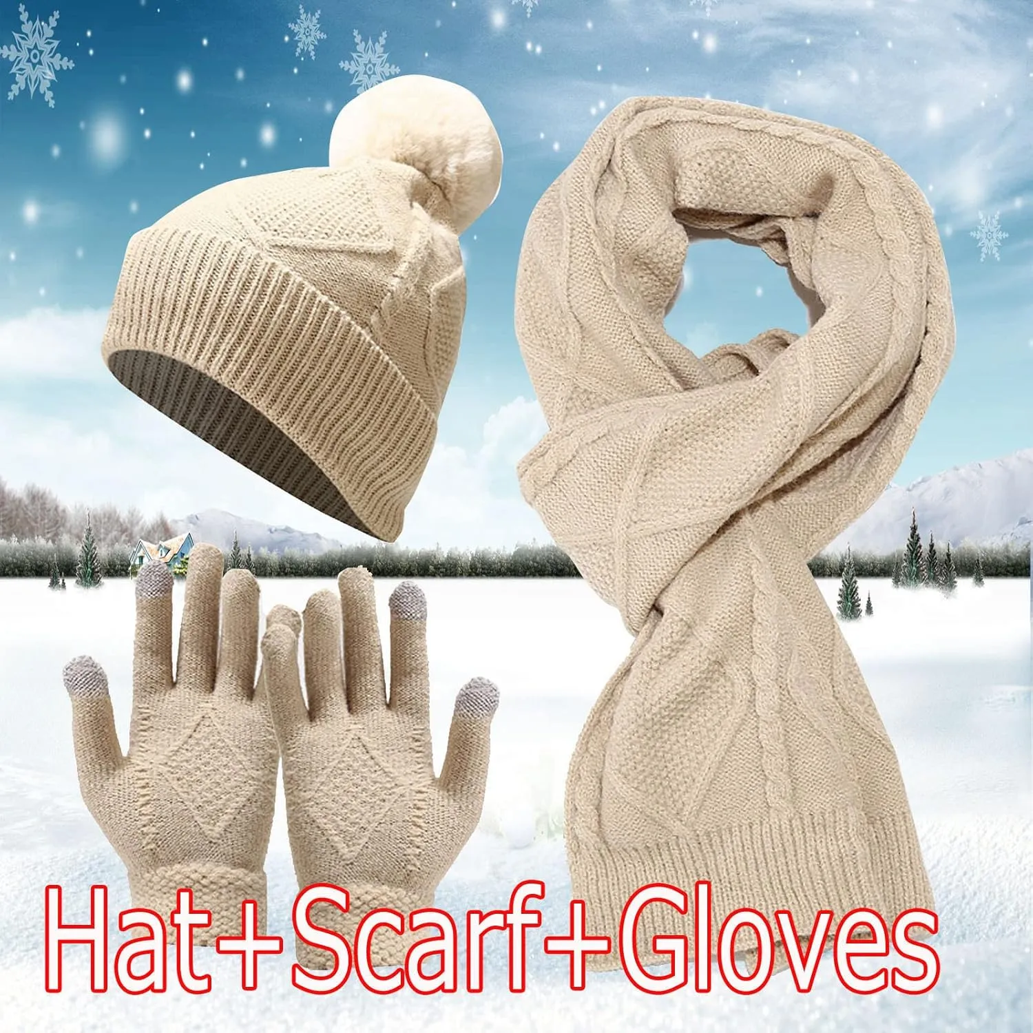 3pcs Men Women Winter Warm Knitted Caps Windproof Cycling Skiing Knit Hat Scarf Gloves Sets