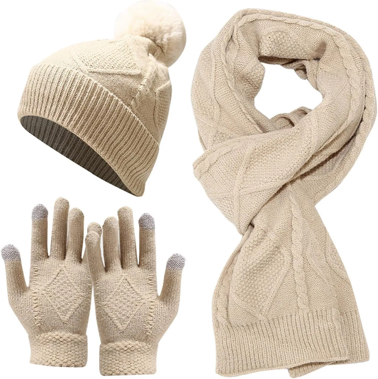 3pcs Men Women Winter Warm Knitted Caps Windproof Cycling Skiing Knit Hat Scarf Gloves Sets