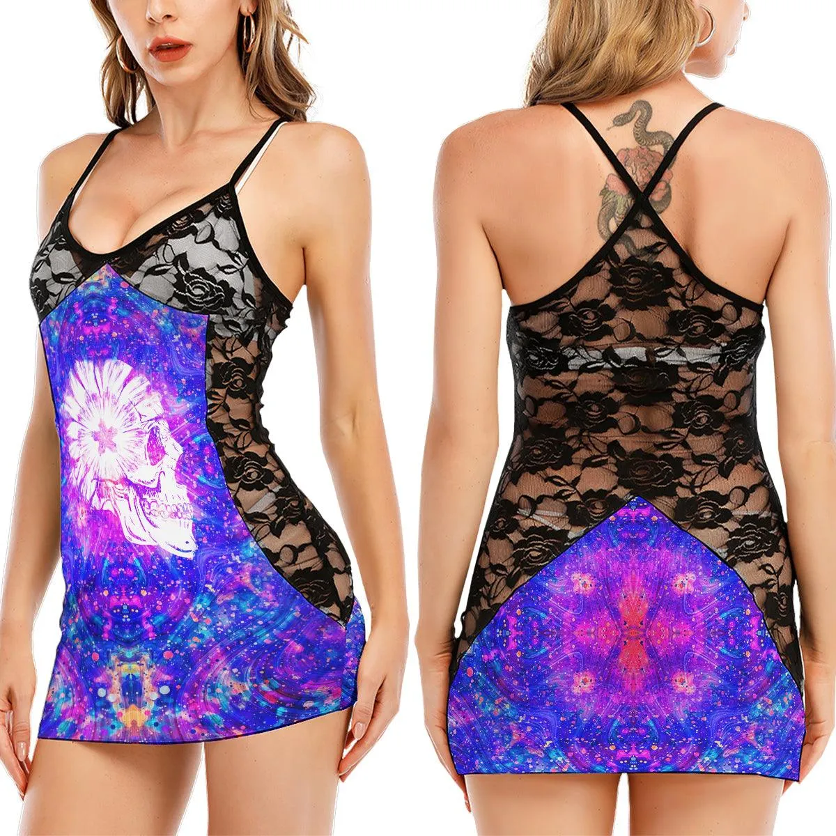 Abstract Galaxy Skull Flower Women's Black Lace Cami Dress Babydolls Nightgowns