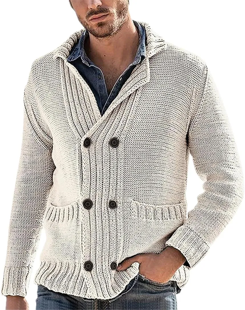 Adhdyuud Men Shawl Collar Cardigan Sweaters Button Down Cable Knitted Knitwear Double Breasted Sweaters
