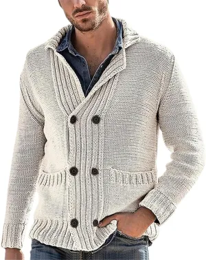 Adhdyuud Men Shawl Collar Cardigan Sweaters Button Down Cable Knitted Knitwear Double Breasted Sweaters
