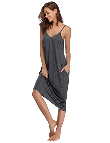 Aibrou Women's Cotton V Neck Long Nightgown Sleeveless Full Slip Night Dress Dark Gray
