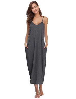 Aibrou Women's Cotton V Neck Long Nightgown Sleeveless Full Slip Night Dress Dark Gray