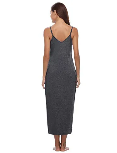 Aibrou Women's Cotton V Neck Long Nightgown Sleeveless Full Slip Night Dress Dark Gray