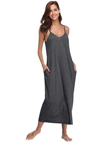 Aibrou Women's Cotton V Neck Long Nightgown Sleeveless Full Slip Night Dress Dark Gray