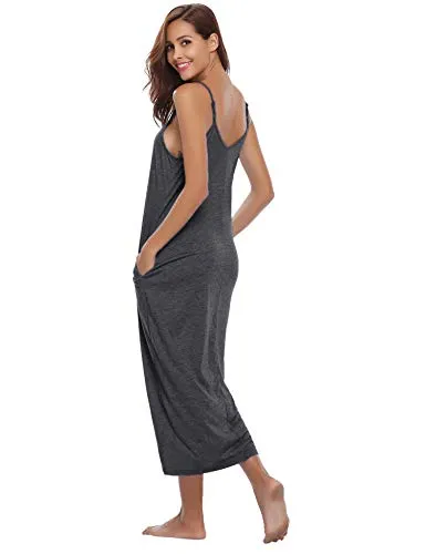 Aibrou Women's Cotton V Neck Long Nightgown Sleeveless Full Slip Night Dress Dark Gray