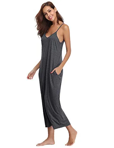 Aibrou Women's Cotton V Neck Long Nightgown Sleeveless Full Slip Night Dress Dark Gray