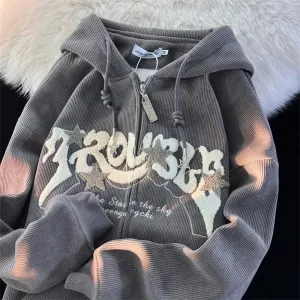 Aidase Autumn Men's Goth Corduroy Zip Up Hoodies Hip Hop Fashion Foam Print Jacket Women's Y2K Vintage Streetwear Hoody Sweatshirts