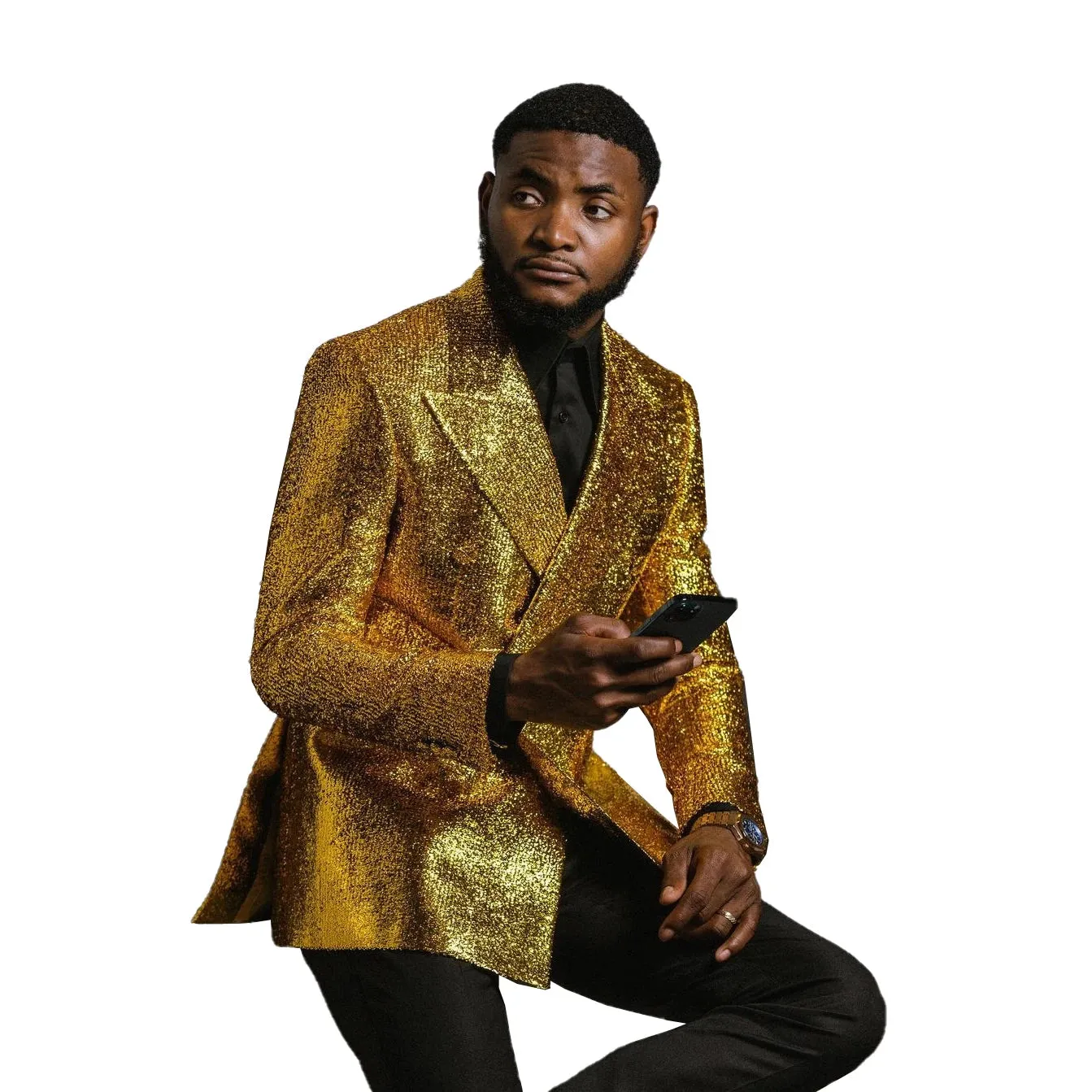 Aidase Gold Men's Suit 2 Pieces Blazer Black Pants One Button Peaked Lapel Business Slim Fit Formal Host Wedding Groom Costume Homme